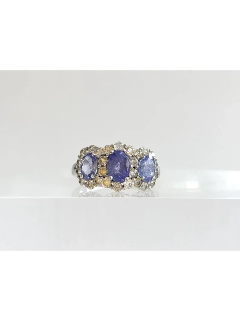 Tanzanite Gemstone Triple Oval Cut Halo Sterling Silver 925 Vintage Ring - sz 8